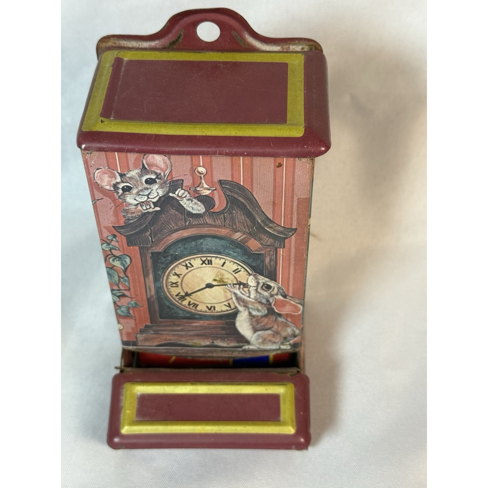 Vintage Jasco Tin Matchbox Safe Colorful Paint W/ Mice And Clock Rusted Look